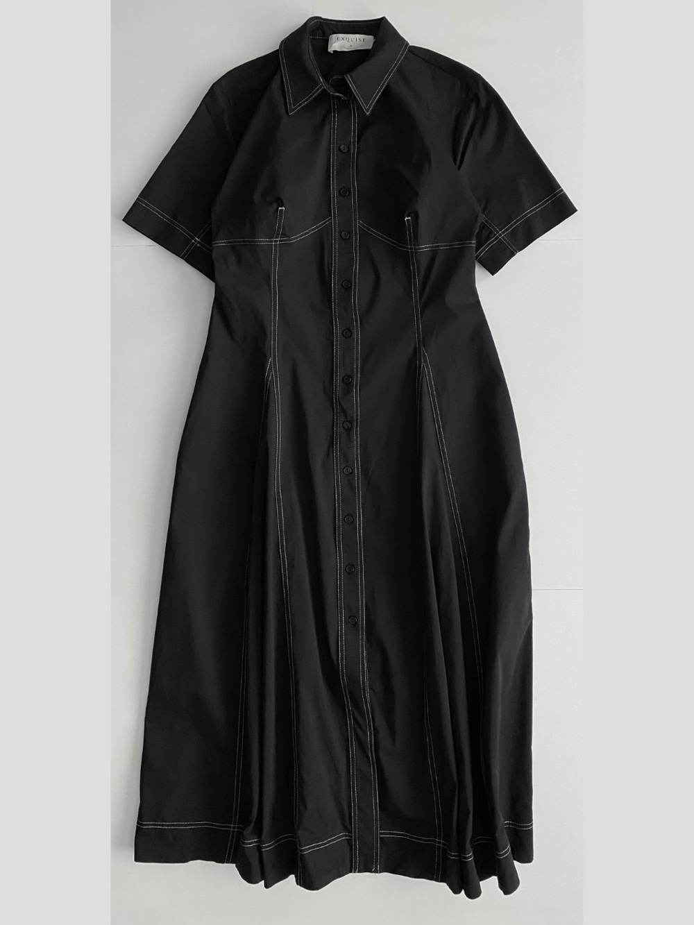 Anthropologie Exquise Short-Sleeve Seamed Pleated Midi Black Dress Sz M - Picture 4 of 14